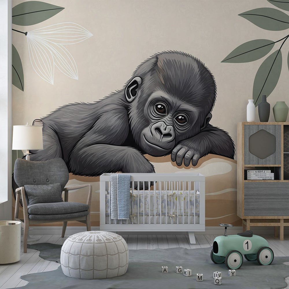 Kids-Mundo baby gorilla on a rock wall mural brightening a cream and green playroom