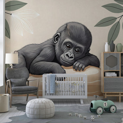 Kids-Mundo baby gorilla on a rock wall mural brightening a cream and green playroom