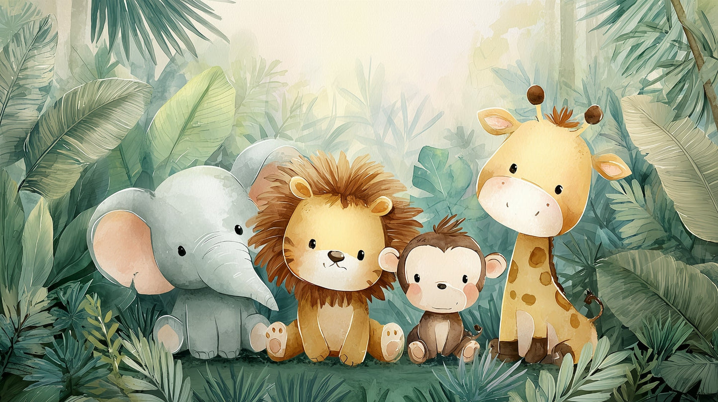 Kids-Mundo flat artwork of a watercolour baby elephant, lion, monkey and giraffe among jungle leaves.