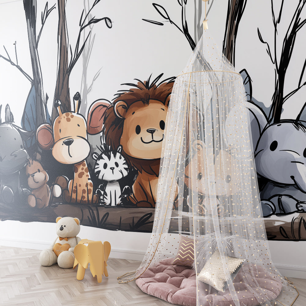 Kids-Mundo baby animal wall mural brightening a playroom with elephants and lion cubs.