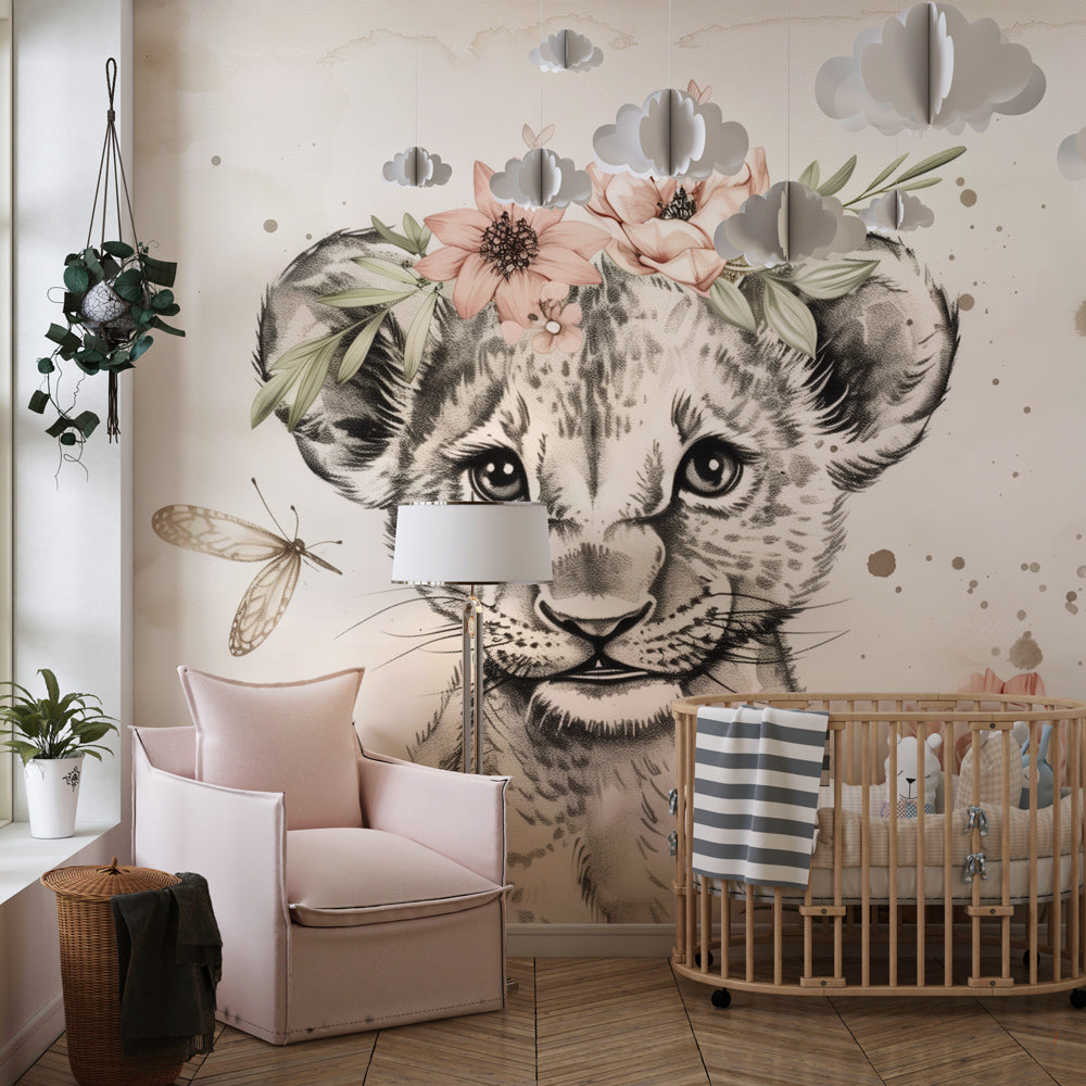 Kids-Mundo floral lion cub wall mural in a girl's kids bedroom setting today