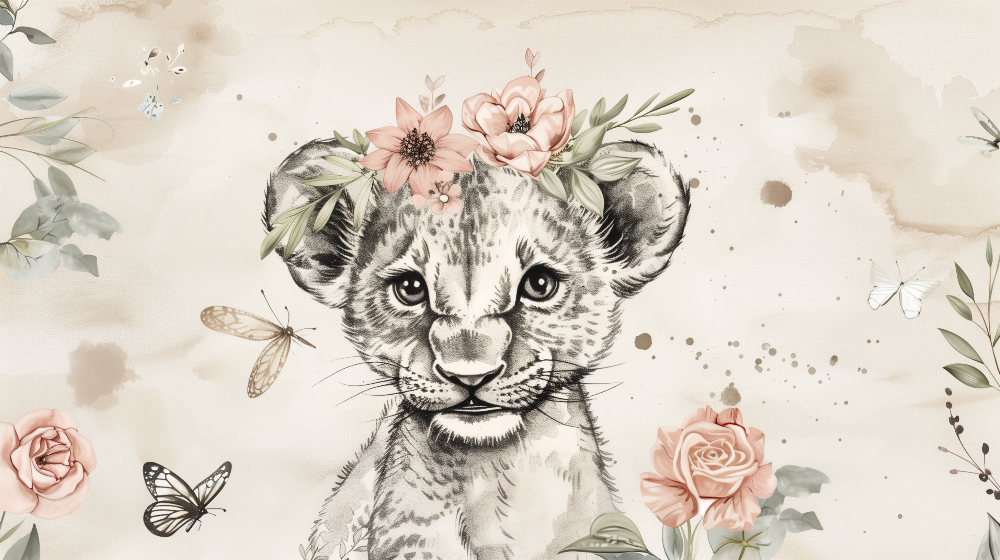 Baby Lion Cub with Floral Crown Wall Mural