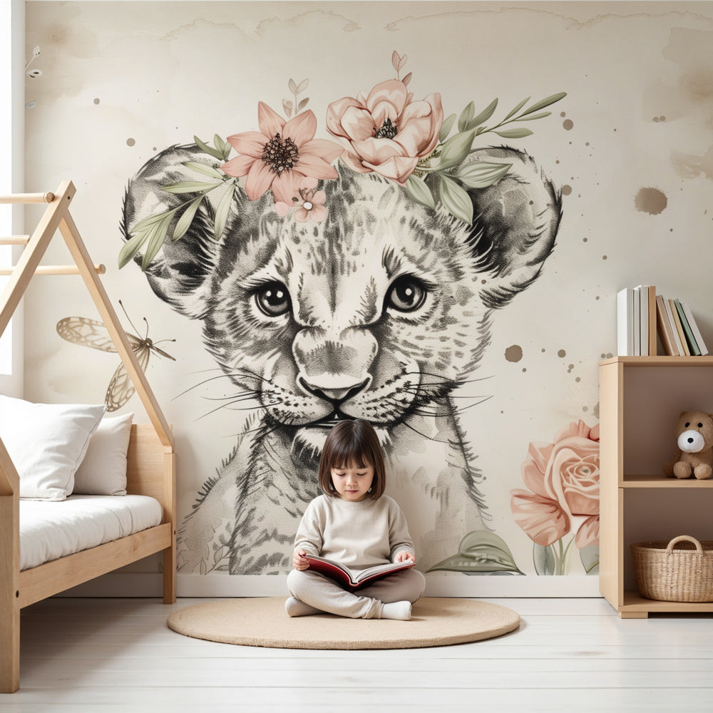 Kids-Mundo baby lion cub wall mural with floral crown styled in a soft nursery