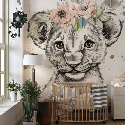 Kids-Mundo made-to-measure baby lion wall mural brightening a soft shared playroom