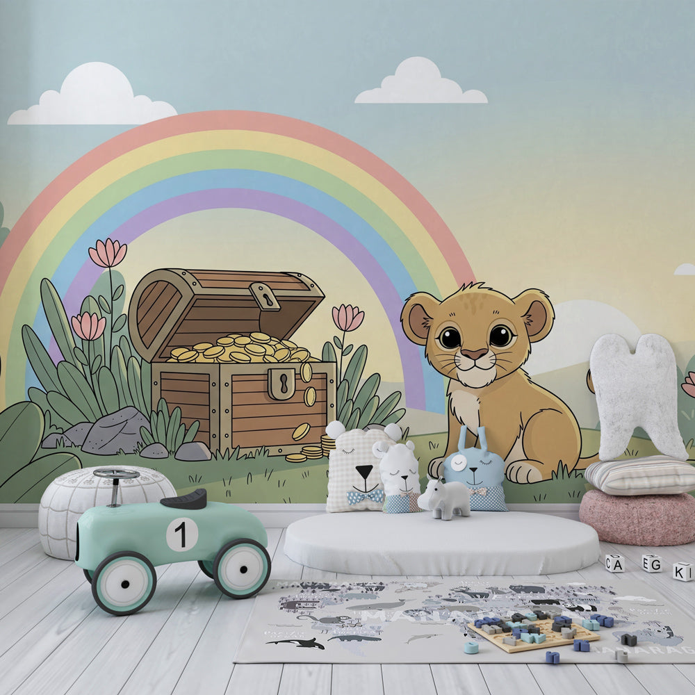 Magical treasure adventure mural wallpaper for kids room featuring gentle lion character and rainbow