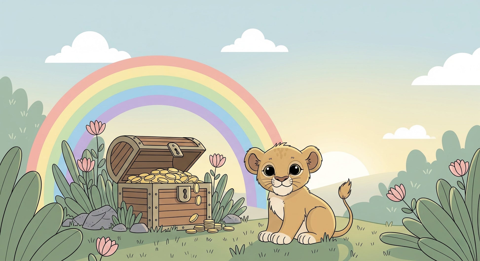 Detailed baby lion mural wallpaper design pattern with treasure chest and floral elements by Kids-Mundo