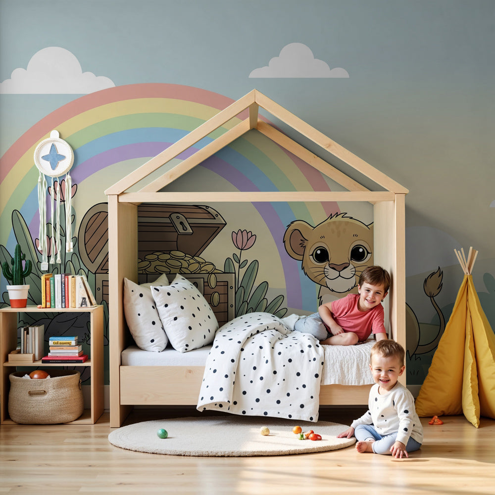 Baby lion mural wallpaper creating magical nursery atmosphere with treasure chest and rainbow by Kids-Mundo