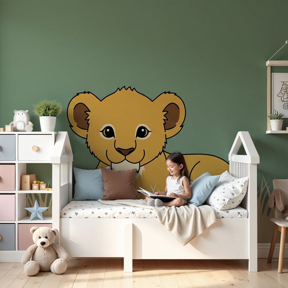 Baby lion mural wallpaper in modern nursery with natural wood crib by Kids-Mundo