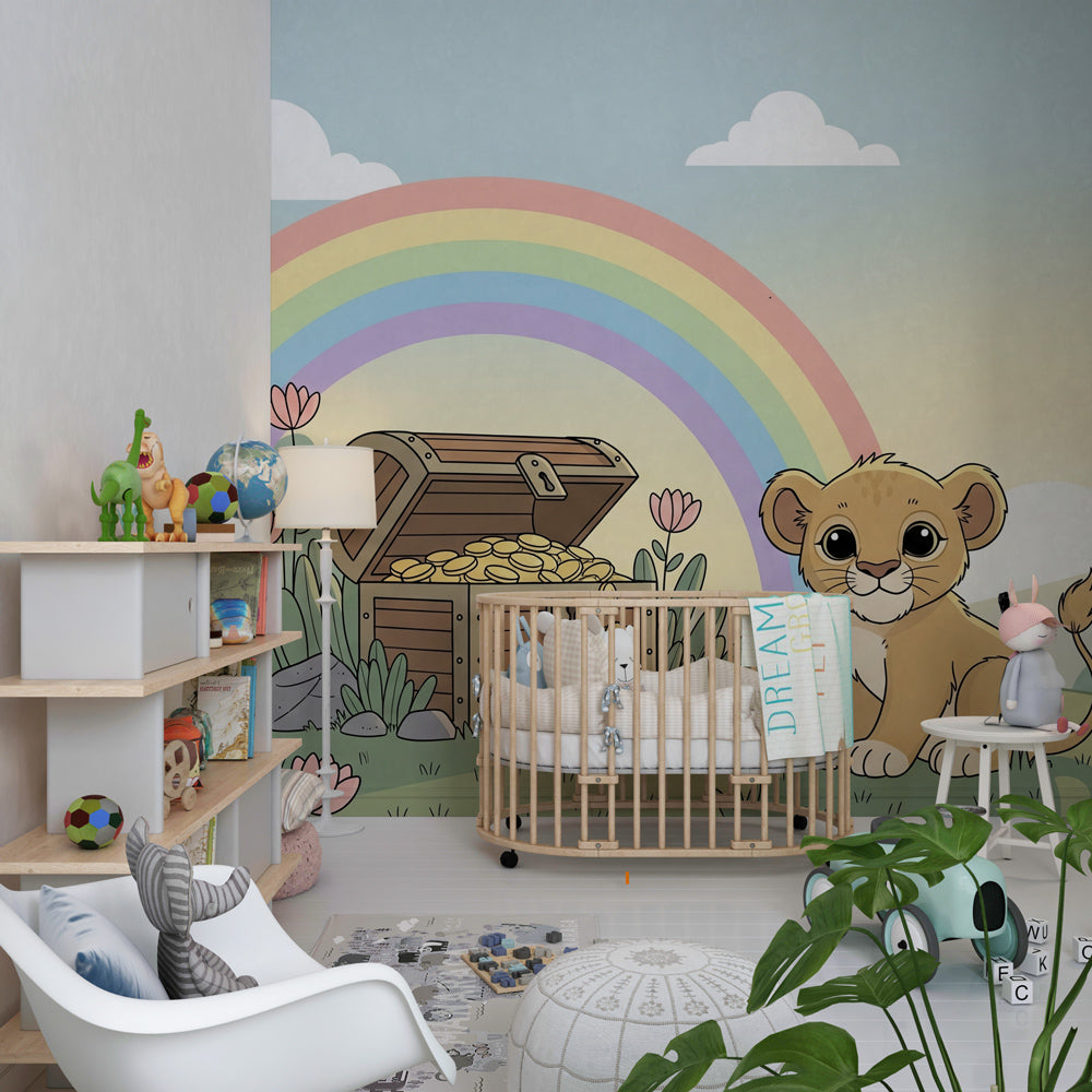 Adorable lion theme wallpaper transforming toddler bedroom with soft pastel colors and golden accents