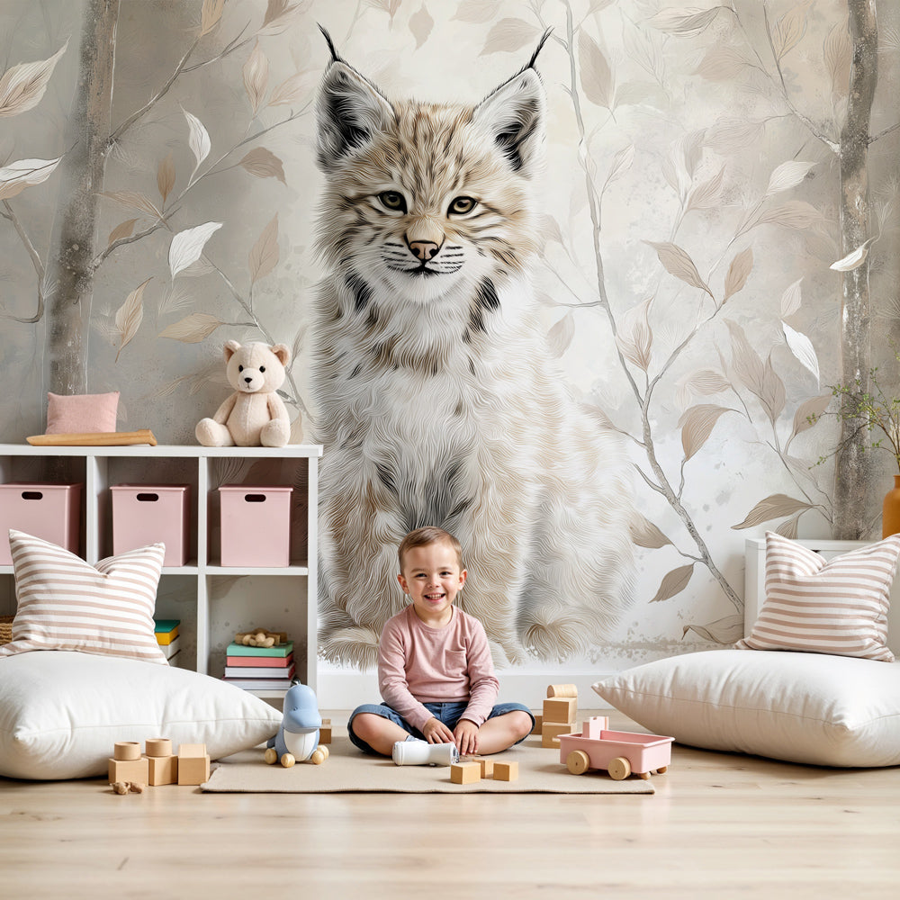 Kids-Mundo baby lynx woodland wall mural made to measure and installed in a soft grey nursery