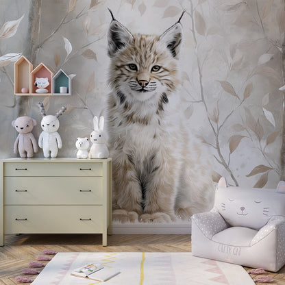 Kids-Mundo woodland lynx wall mural covering a wall in a bright, tidy children's playroom