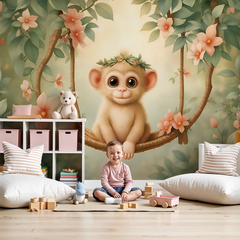 Kids-Mundo baby monkey flower swing wall mural styled above a cot in a soft nursery.