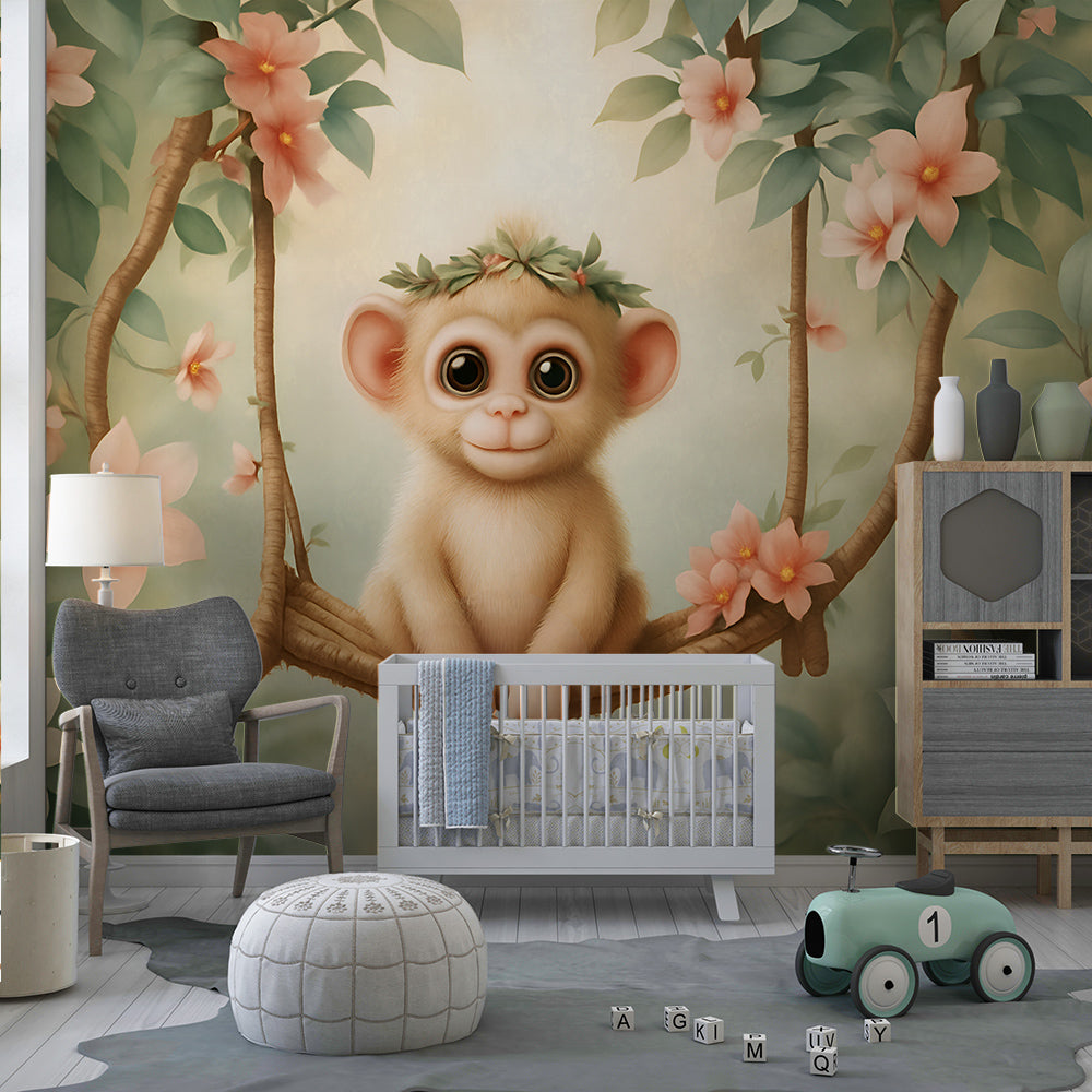 Kids-Mundo flower swing monkey wall mural brightening a calm reading corner in a playroom.