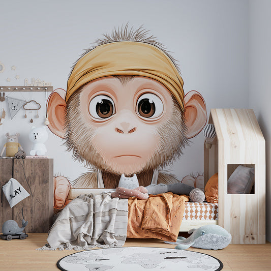 Kids-Mundo monkey on gymnastics bars wall mural covering a wall in a fun kids bedroom