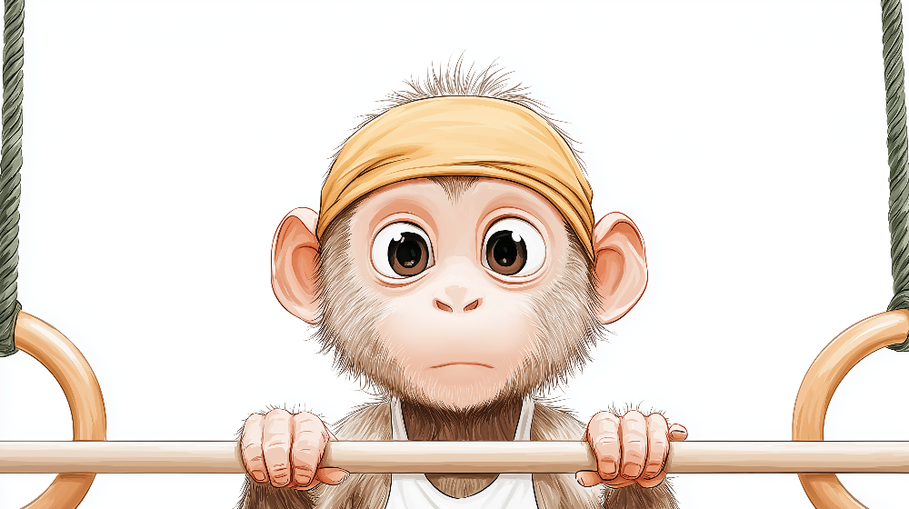 Kids-Mundo flat artwork of a playful baby monkey on gymnastics bars wall mural design