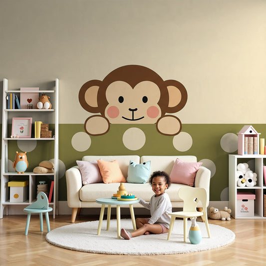 Kids-Mundo peeking baby monkey wall mural in a soft, cream-toned nursery with cot and warm lighting