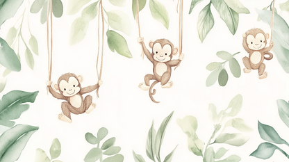 Kids-Mundo flat artwork of watercolour baby monkeys swinging among soft green tropical leaves.