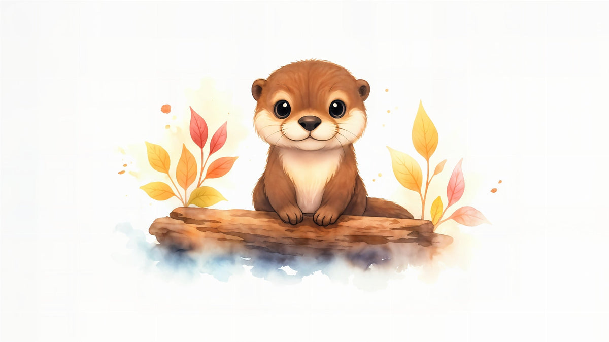 Baby Otter on a Log with Autumn Leaves Wall Mural
