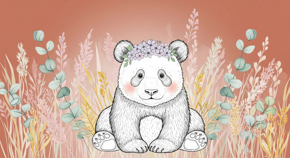 Flat artwork preview of the Kids-Mundo baby panda with flower crown wall mural