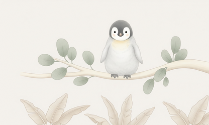Kids-Mundo flat artwork of a baby penguin perched on a eucalyptus branch wall mural design.