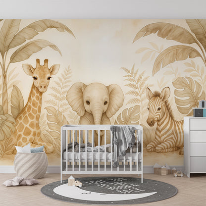 Kids-Mundo safari animals wall mural styled on a feature wall in a calm kids bedroom