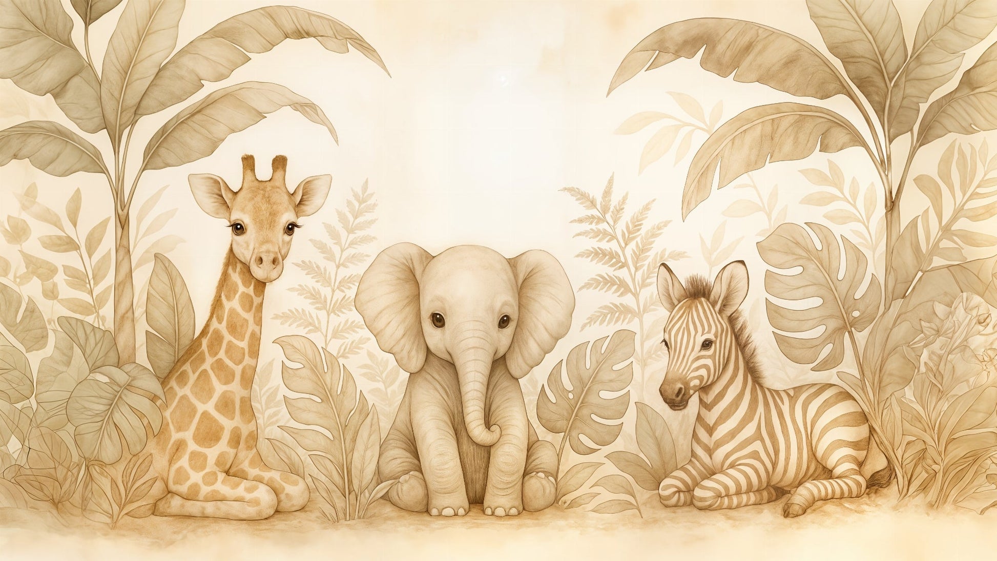 Kids-Mundo flat artwork preview of the beige watercolour safari baby animals wall mural design