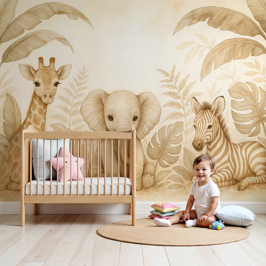 Kids-Mundo beige safari wall mural with baby giraffe, elephant and zebra in a soft nursery room