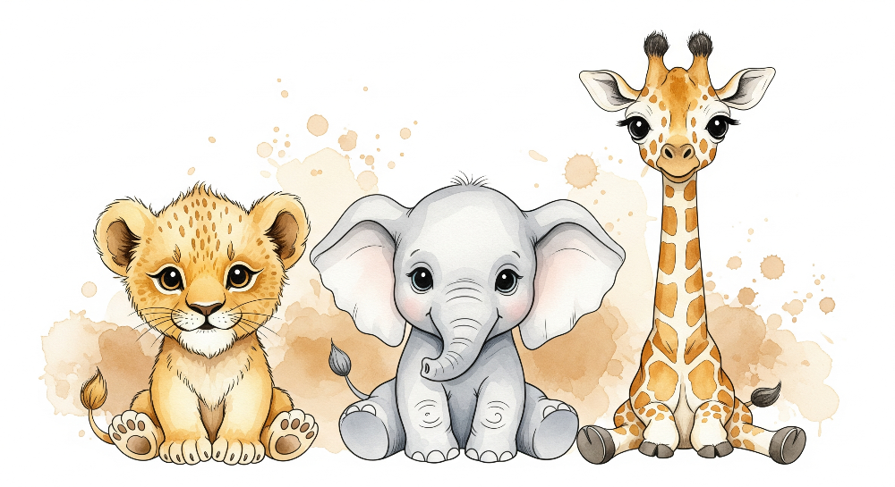 Baby Lion, Elephant and Giraffe Wall Mural