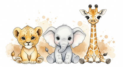 Kids-Mundo flat artwork of a watercolour lion cub, baby elephant and young giraffe on warm beige.