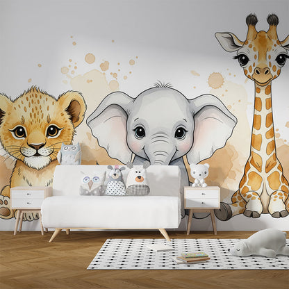 Kids-Mundo baby lion, elephant and giraffe wall mural in a playroom with soft seating and toys.