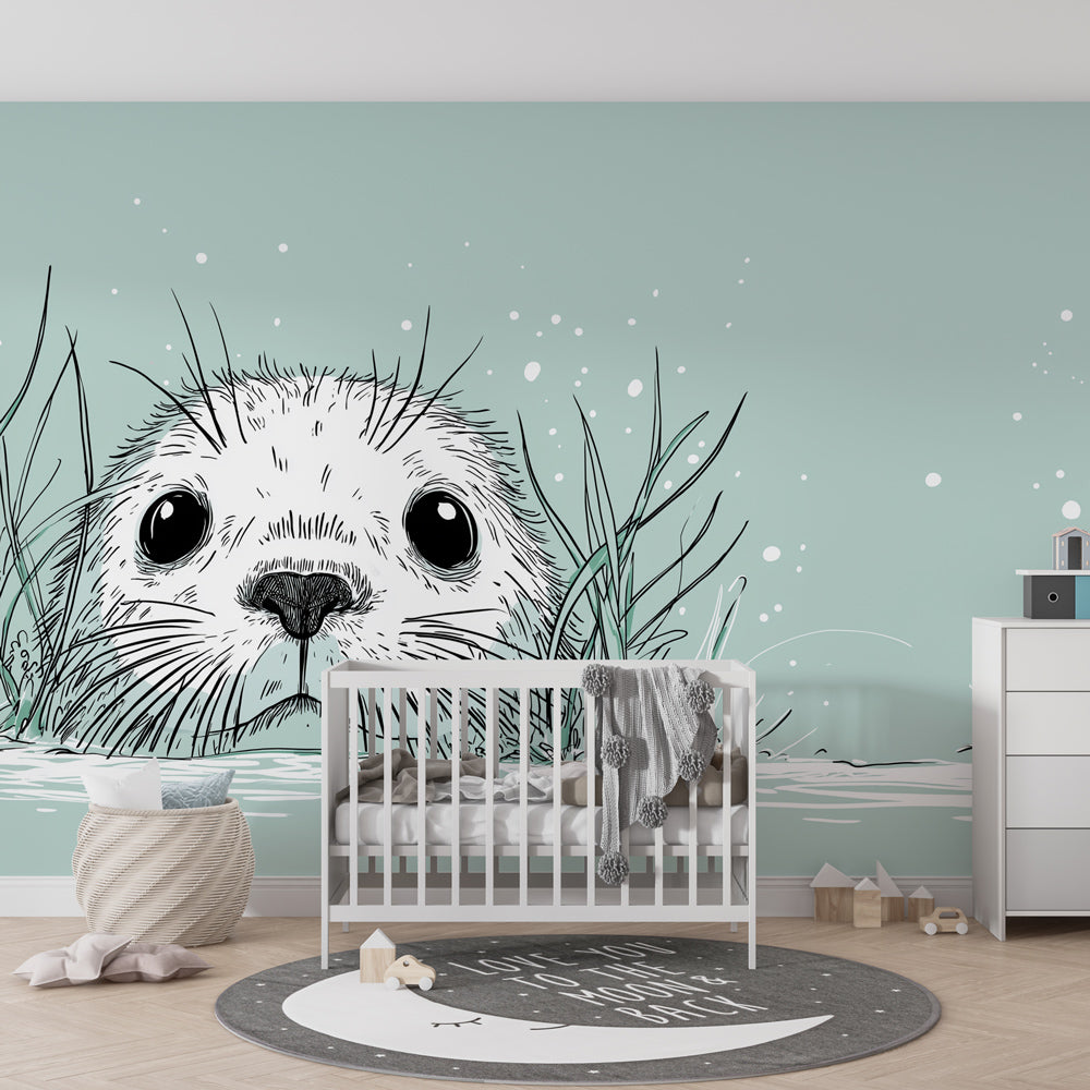 Ocean animal wallpaper featuring curious seal in peaceful baby bedroom setting