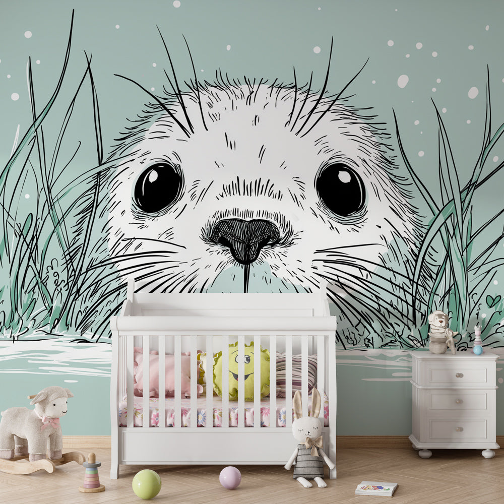 Gentle seal wallpaper with mint green seagrass in calming nursery environment
