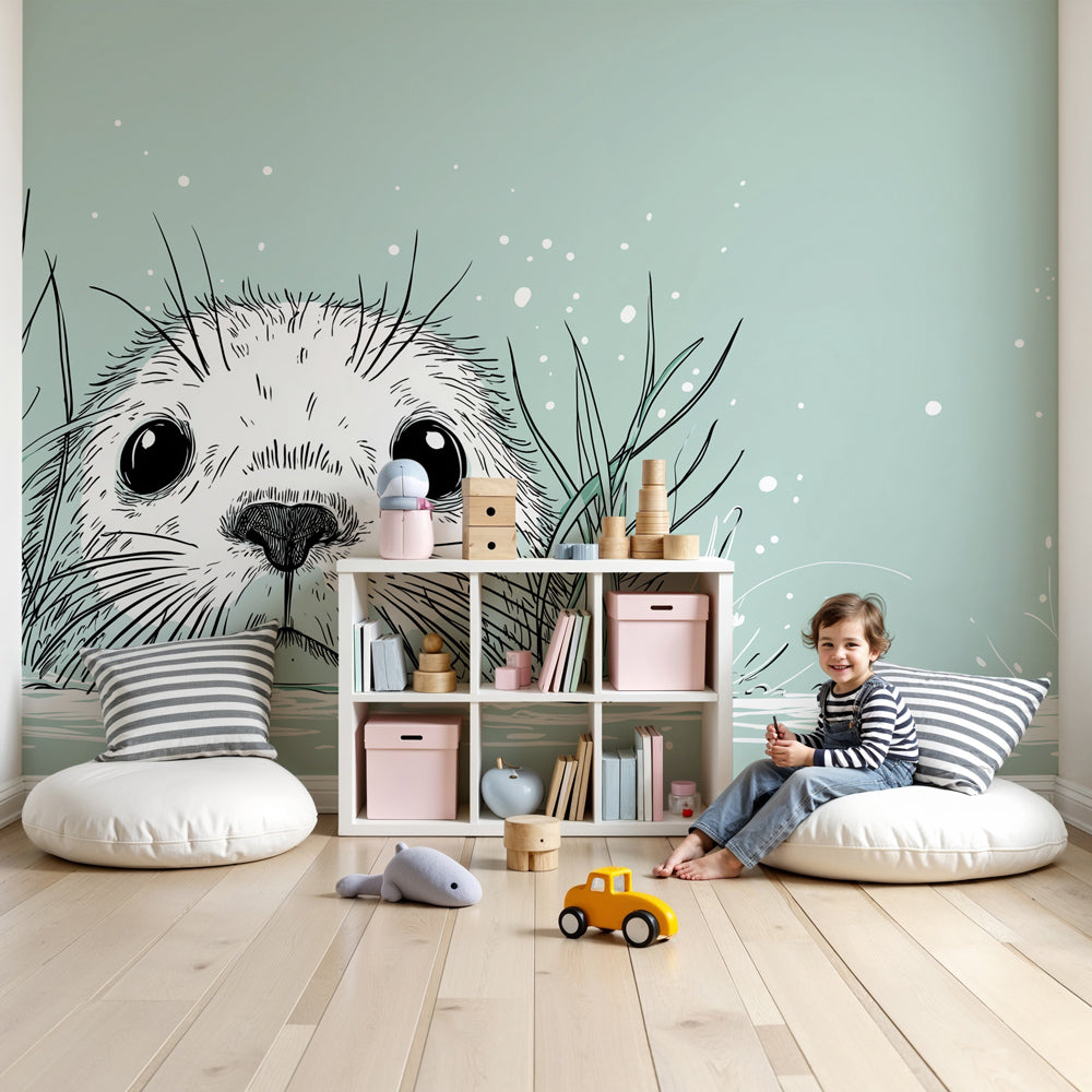 Baby seal mural wallpaper in modern nursery with ocean theme decor by Kids-Mundo