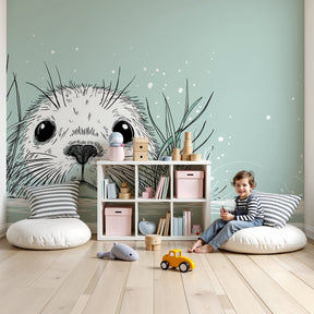Baby seal mural wallpaper in modern nursery with ocean theme decor by Kids-Mundo