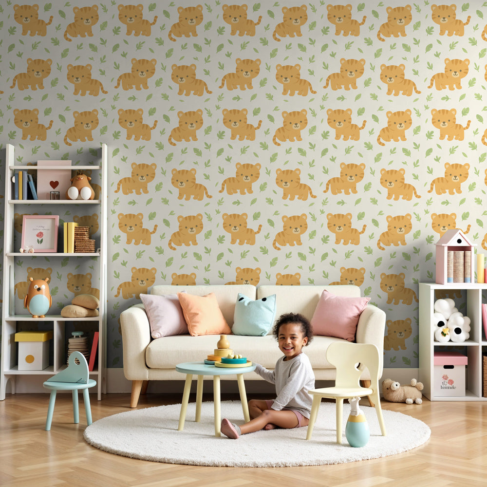Kids-Mundo baby tiger cubs wall mural styled behind a cot in a warm, sunlit nursery
