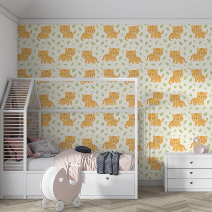 Kids-Mundo playful tiger cubs wall mural brightening a cheerful, toy-filled playroom