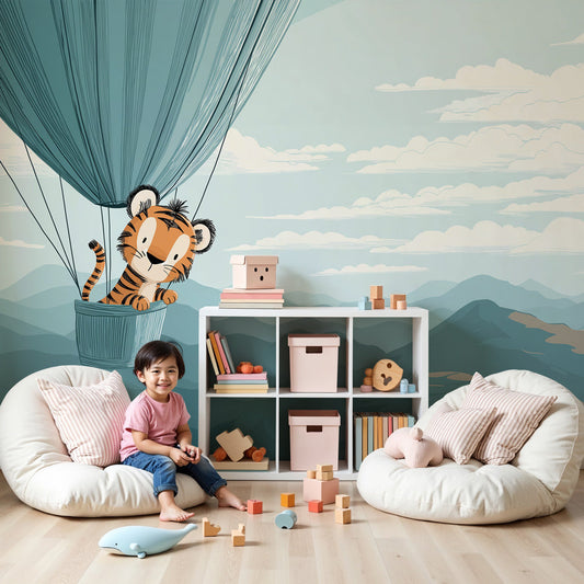 Kids-Mundo baby tiger hot air balloon wall mural made to measure in a soft teal kids bedroom