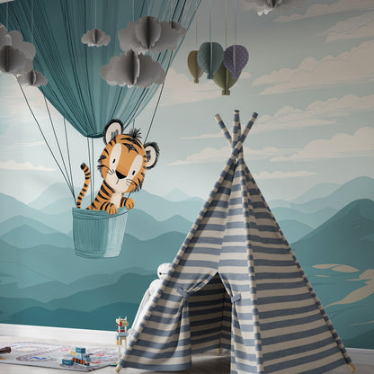 Kids-Mundo baby tiger balloon mural fitted in a playroom with layered blue-green peaks