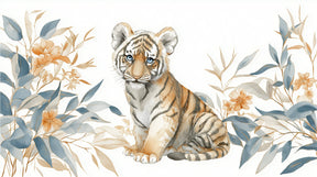 Detailed baby tiger and exotic flowers mural wallpaper design pattern by Kids-Mundo