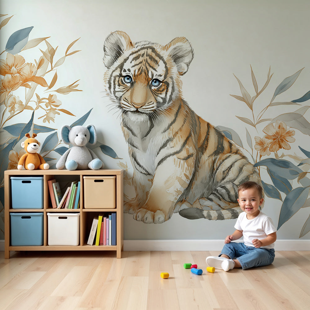 Baby tiger mural wallpaper with exotic flowers in cozy nursery room by Kids-Mundo