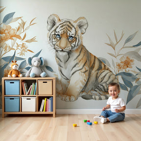 Baby tiger mural wallpaper with exotic flowers in cozy nursery room by Kids-Mundo