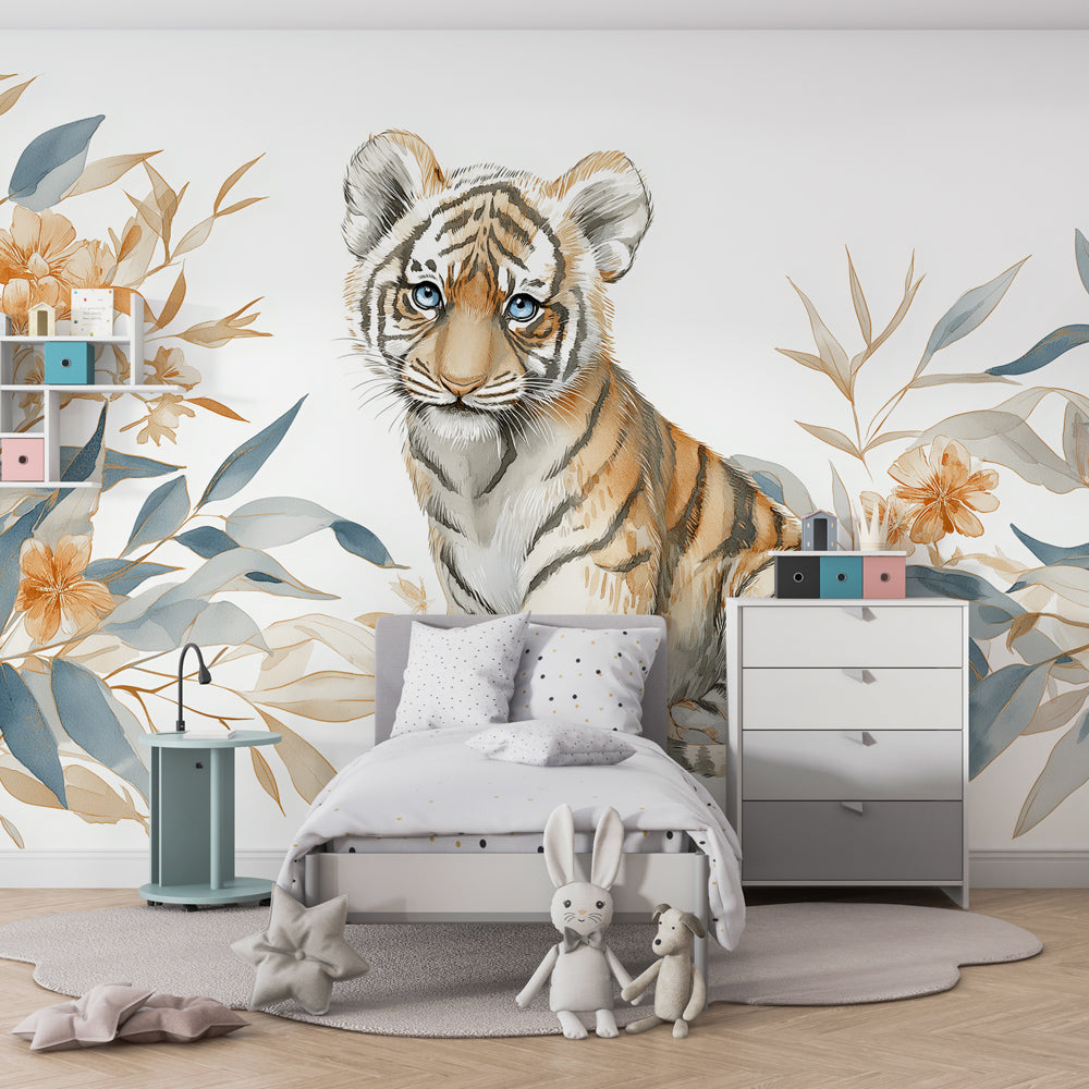 Jungle themed playroom with adorable baby tiger mural wallpaper creating magical safari atmosphere
