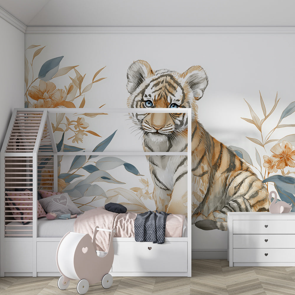 Safari themed kids bedroom featuring baby tiger wallpaper with tropical flowers and natural decor