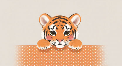 Kids-Mundo flat artwork of a curious baby tiger cub peeking over an orange polka-dot border.