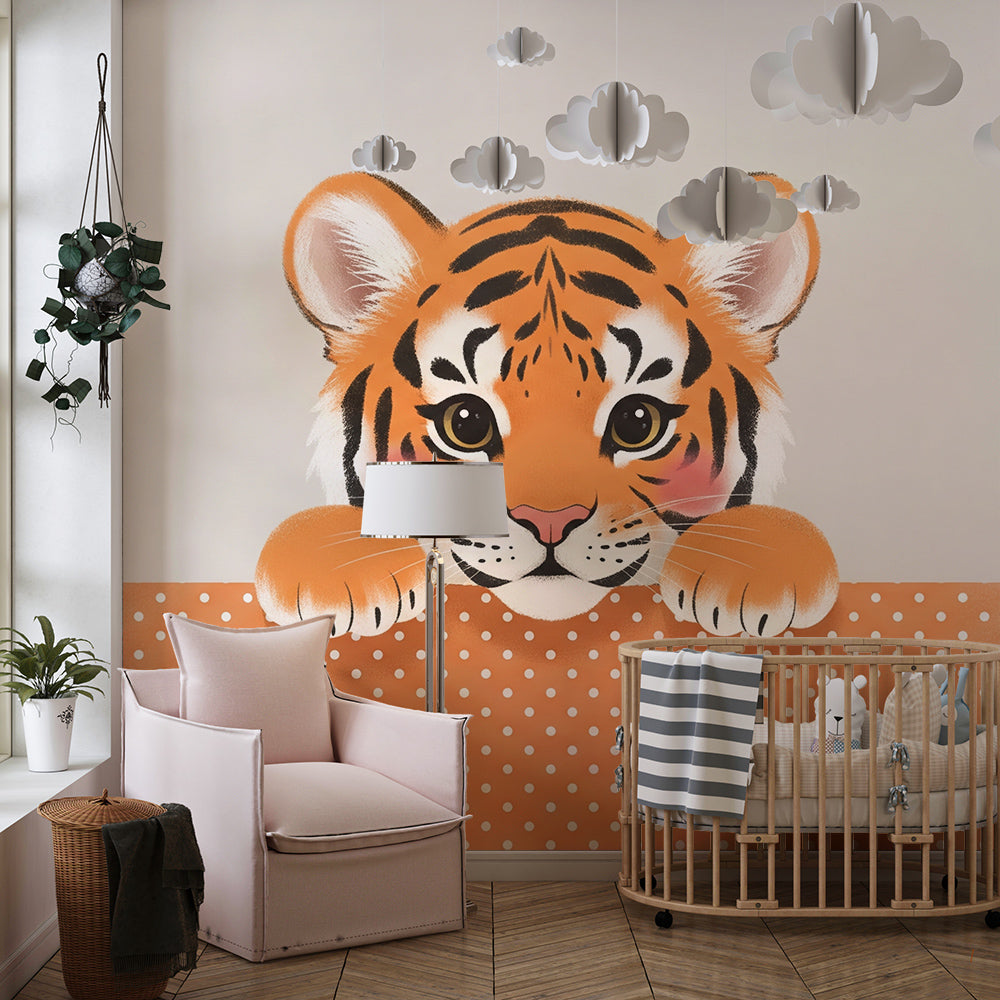Kids-Mundo baby tiger wall mural bringing a gentle, playful touch to a playroom corner.
