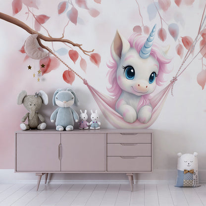 Kids-Mundo unicorn and blossom wall mural covering the feature wall of a girls bedroom