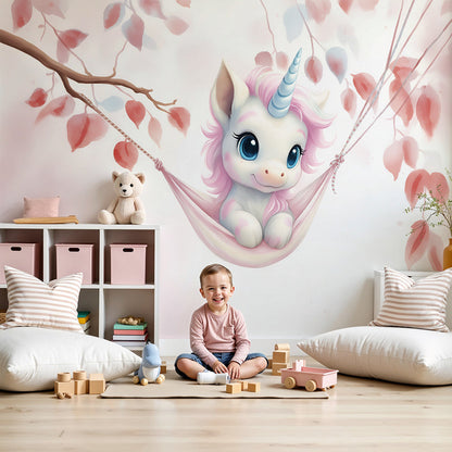 Pastel unicorn wall mural by Kids-Mundo styled behind a cot in a soft pink nursery