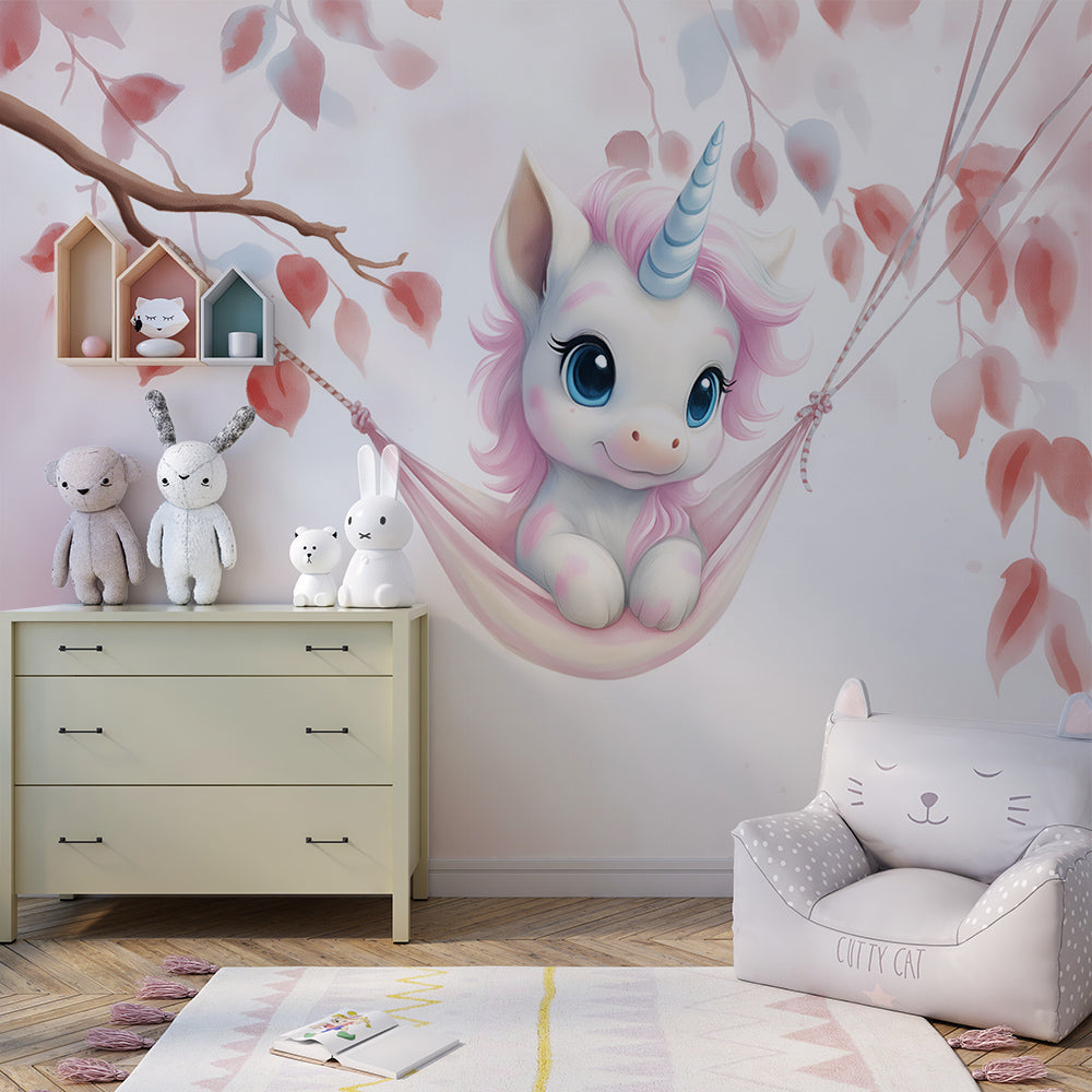 Unicorn hammock wall mural from Kids-Mundo brightening a pastel playroom corner