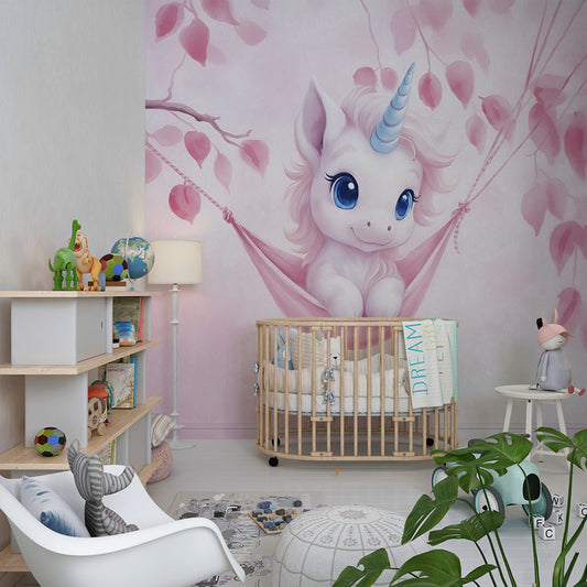 Baby unicorn blossom swing wall mural by Kids-Mundo in a dreamy kids bedroom