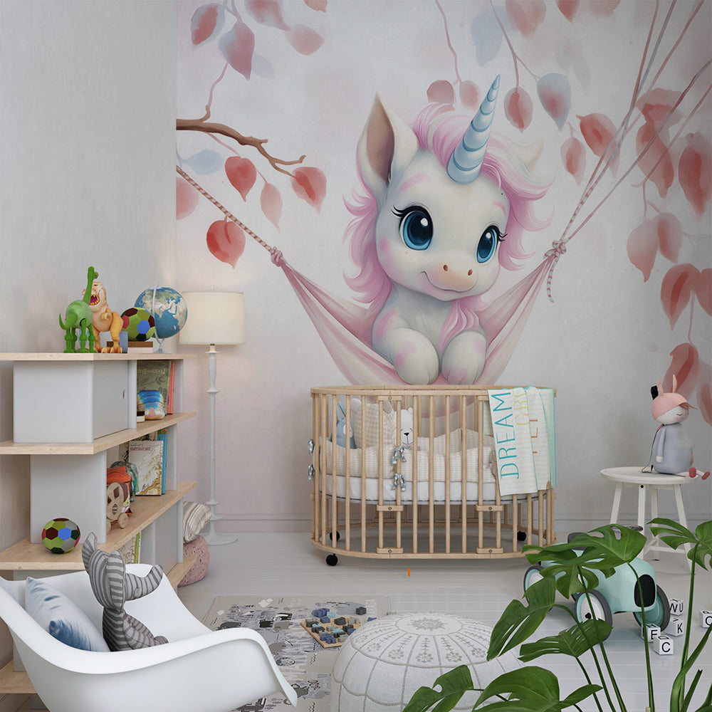 Kids-Mundo baby unicorn swing wallpaper mural in a dreamy pastel kids bedroom.